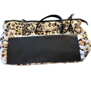 ALFA BAGS Leopard Print Faux Fur Tote Bag Chain Strap Top Zip Black Trim